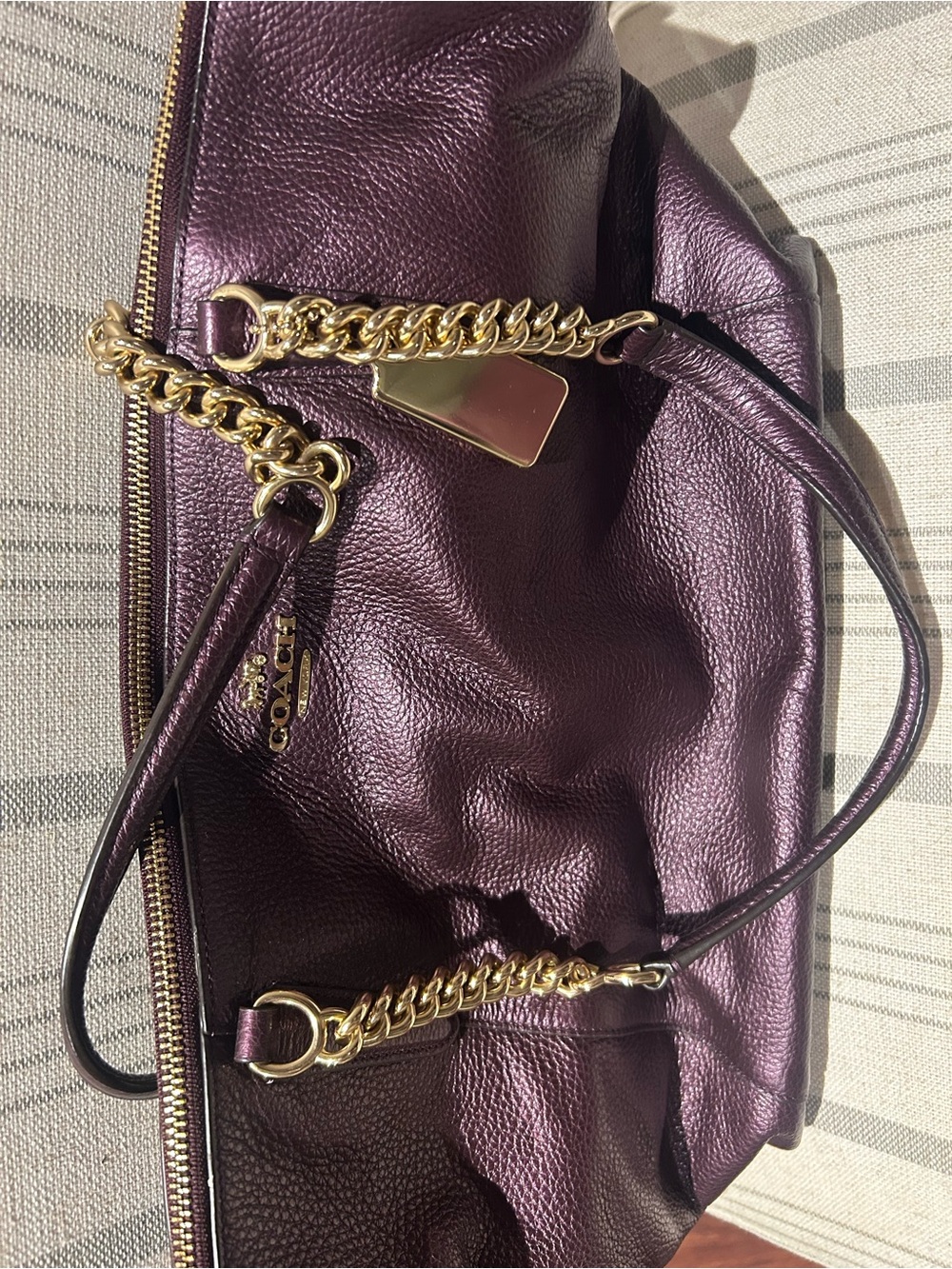 Coach Purple Leather Tote with Gold Chain Handles - Picture 2 of 2